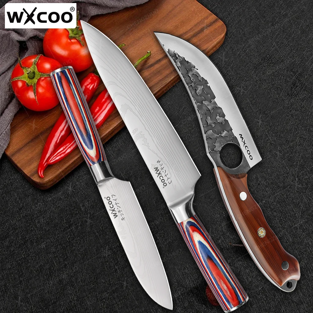 Japanese Chef's Knife Damascus Pattern Santoku Knife Kitchen Forged Boning Knife Meat Cleaver Fish Fruit Slicing Knives with Box