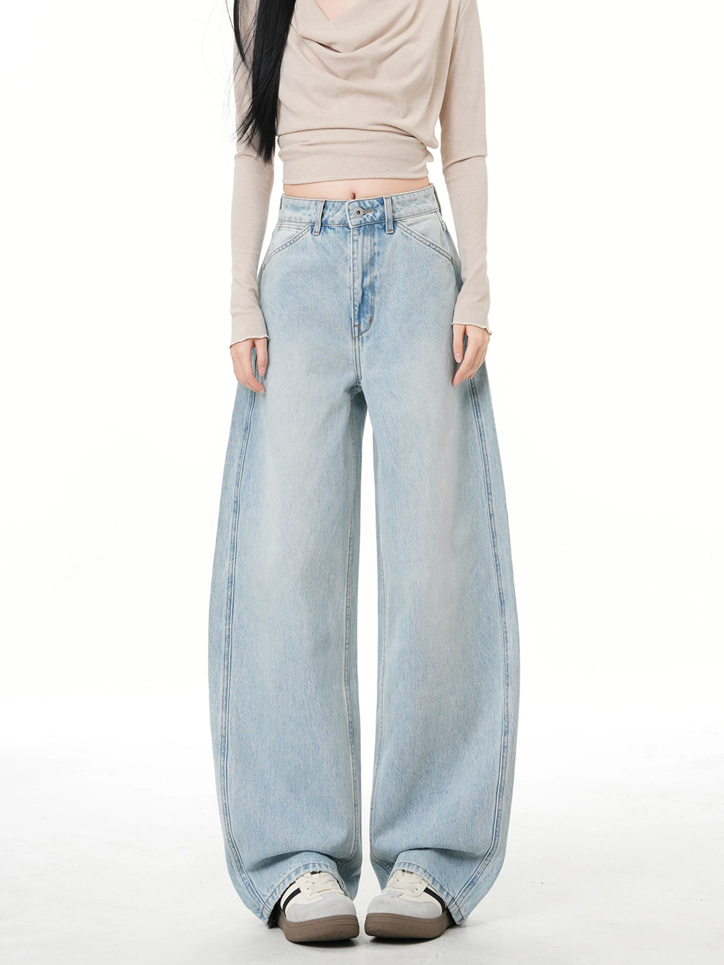 

Светло-голубые джинсы с высокой талией и широкими штанинами для женщин, весна-осень, новые, свободные, стройнящие, в пол, в американском ретро-стиле...