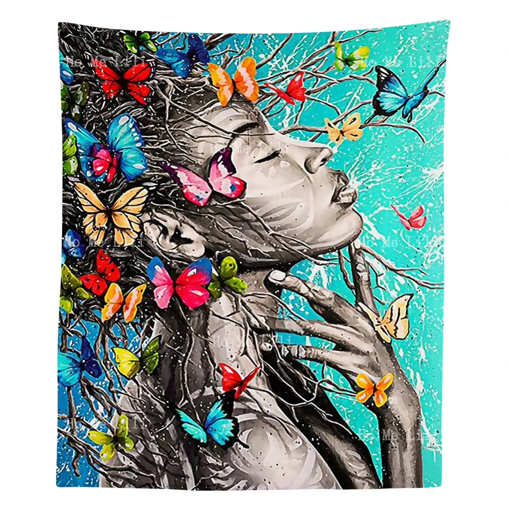 African American Queen Butterflies Vine Plants Traditional Floral Demon Girl Aries Black Woman Tattoo Tapestry By Ho Me Lili