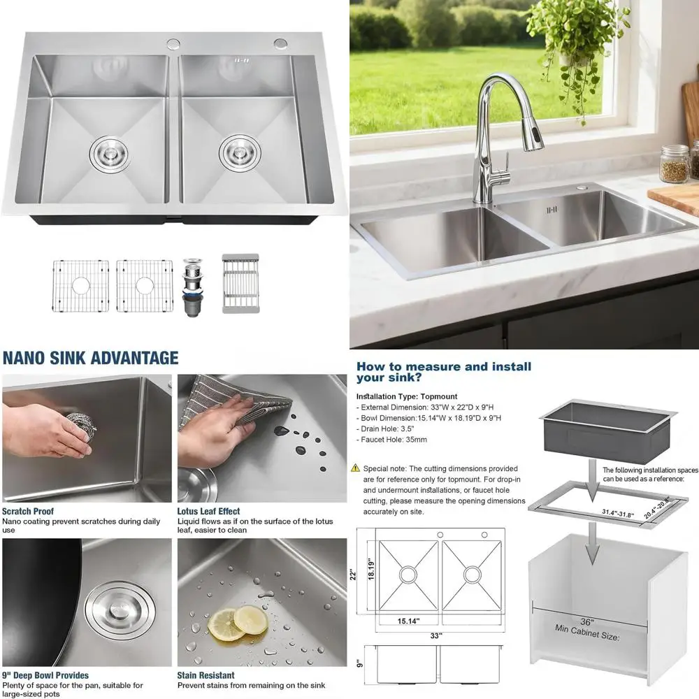 

33x22x9 Inch Topmount Stainless Steel Double Bowl Kitchen Sink with Soundproofing and Protective Grid