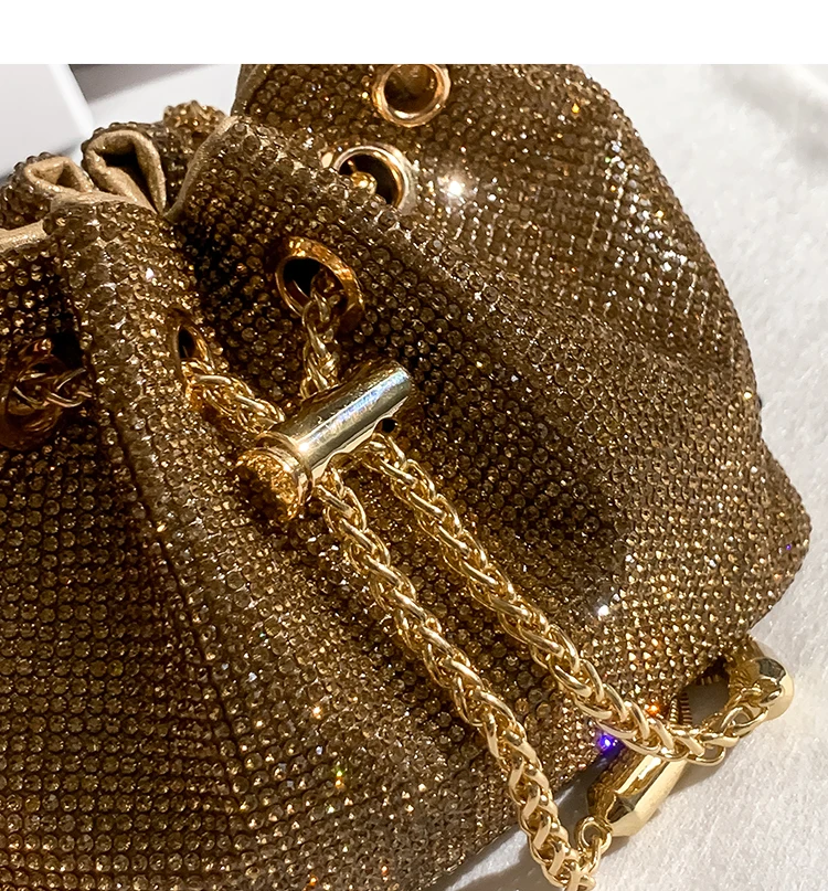 Gold Diamond Evening Clutch Bag Wedding Party Luxury Designer Shiny Rhinestone Bucket Purse Women Handbag Shoulder Messenger Bag