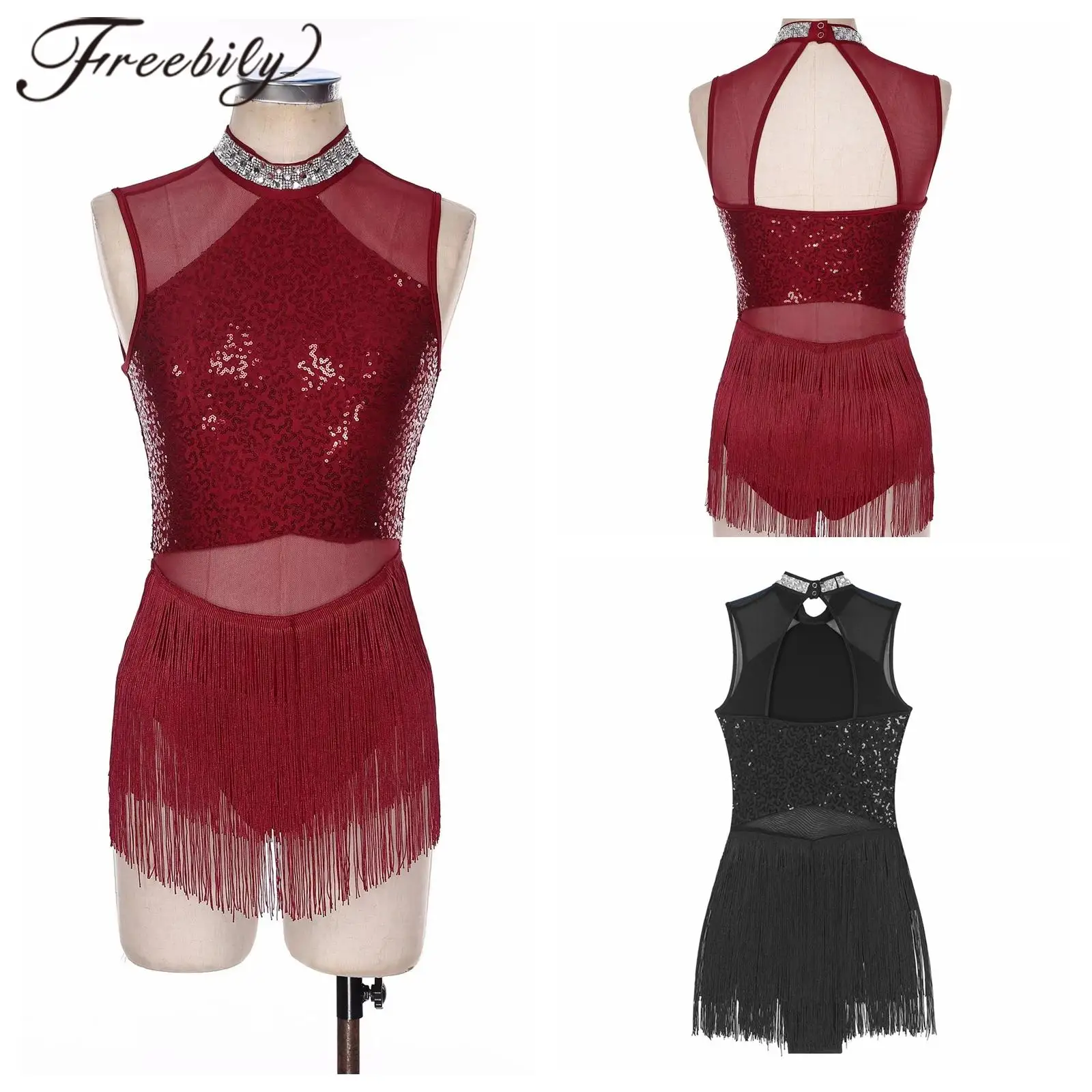 

Performance Outfits Womens Ballroom Latin Dance Fringe Leotard Cha-Cha Samba Tango Rumba Costume Sequin Dress with Mesh Gloves