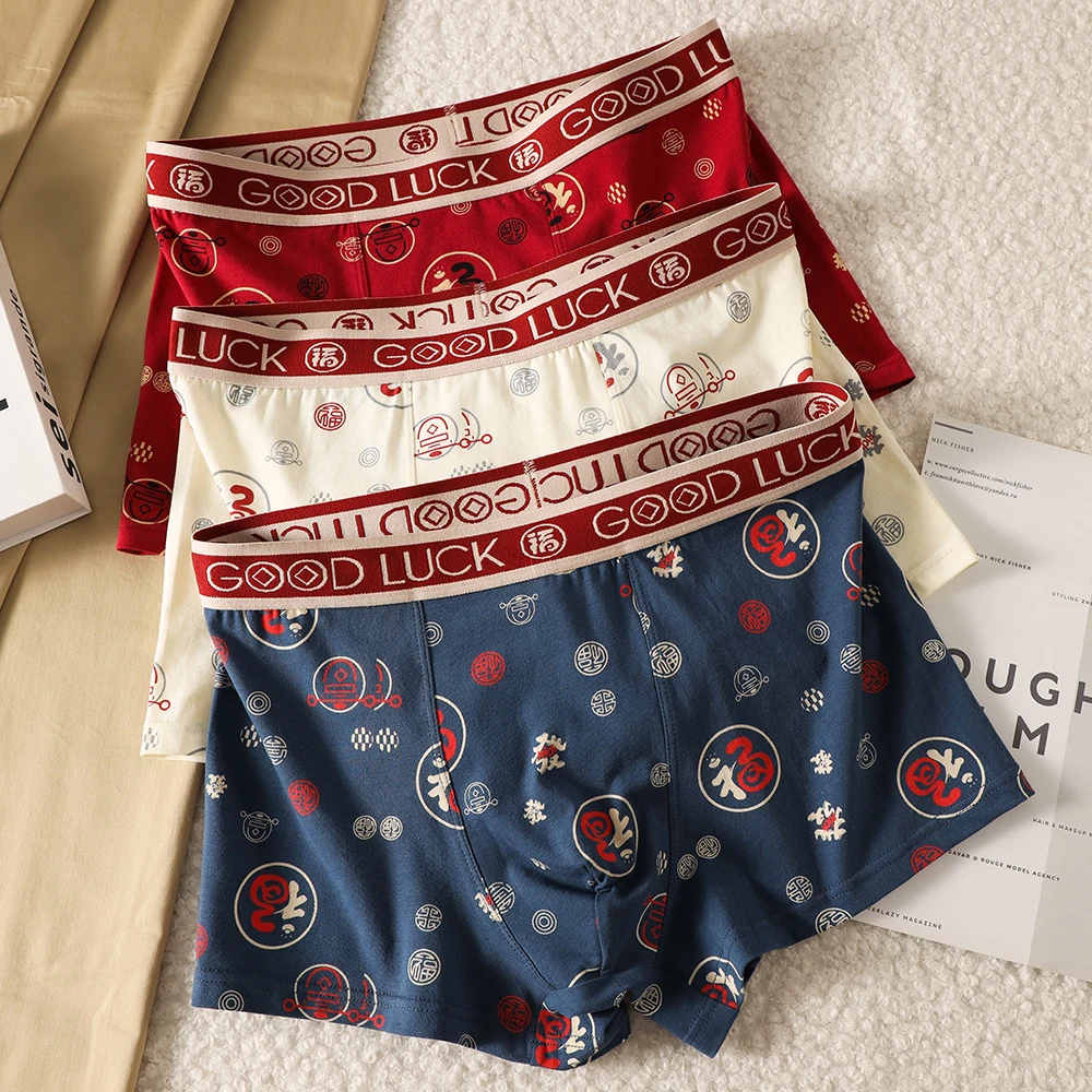 

3PCS/Pack 100% Cotton Blessing Print Underwear Antibacterial Breathable Mesh Crotch Boxers Man Comfort Super Soft Men's Panties