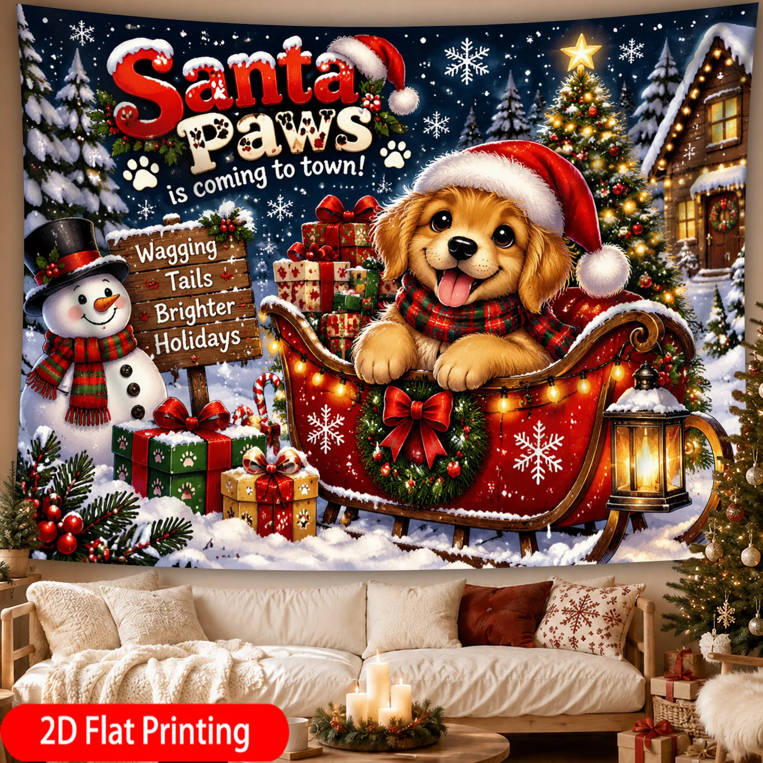 Santa Paws Puppy Tapestry, Cute Dog Christmas Wall Hanging, Wishing You Brighter Holidays Art, Festive Pet Lover Dorm Decor