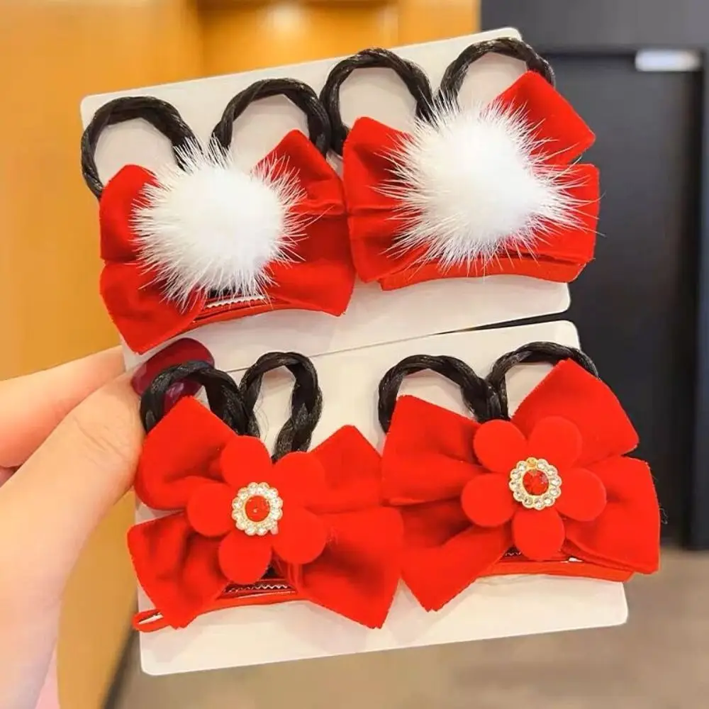 Headdress Flower Plush Ball Fake Braid Bow Chinese Style New Year Hairpin Hair Accessory Red Bangs Clip Girl Wig Hair Clip