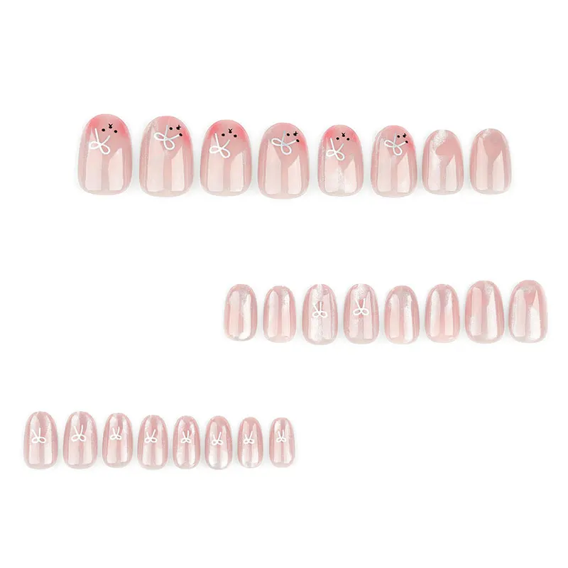 24pcs/box wearable cute girl sweet cat eye love bow short blush manicure fake nails