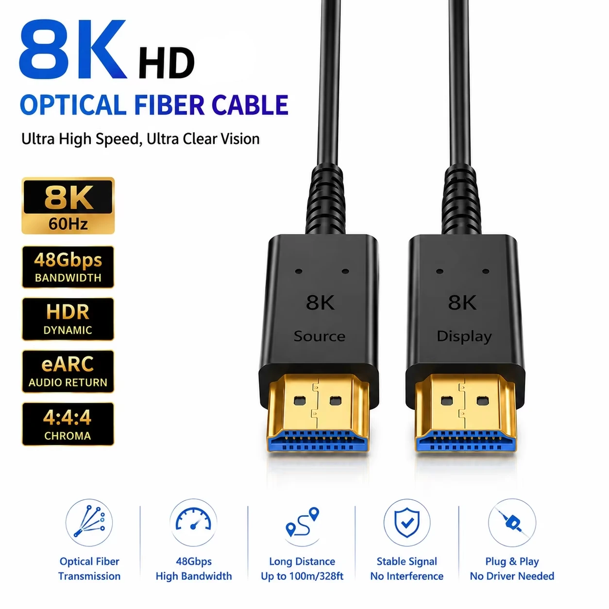 8K HDTV 2.1 Fiber Optic Cable, 8K 60Hz, 4K 120Hz HDTV to HDTV Active Fiber Cable 48Gbps 5m 10m 15m 20m 30m for TV RTX 5070/5090