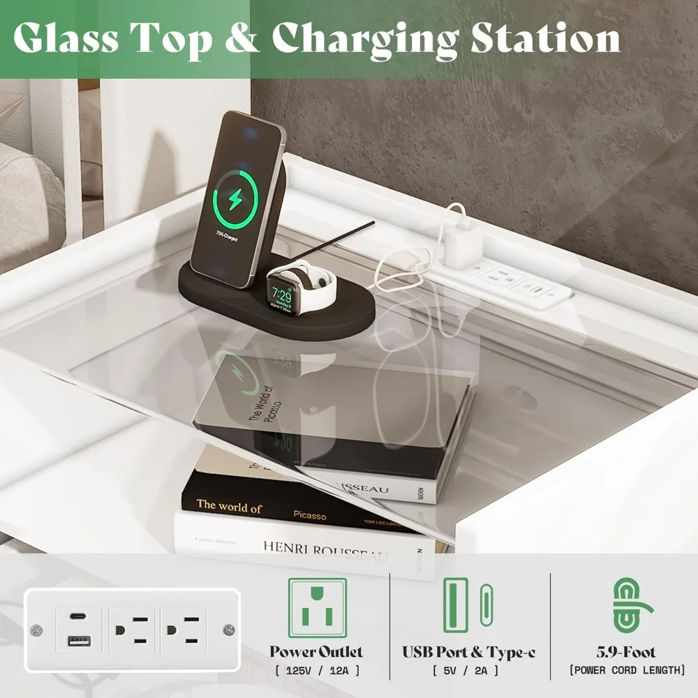 زوج من 23.6 طاولات بجانب السرير حديثة مع قاعدة شحن، ولمسة نهائية عالية اللمعان وسطح زجاجي، وأدراج واسعة #3