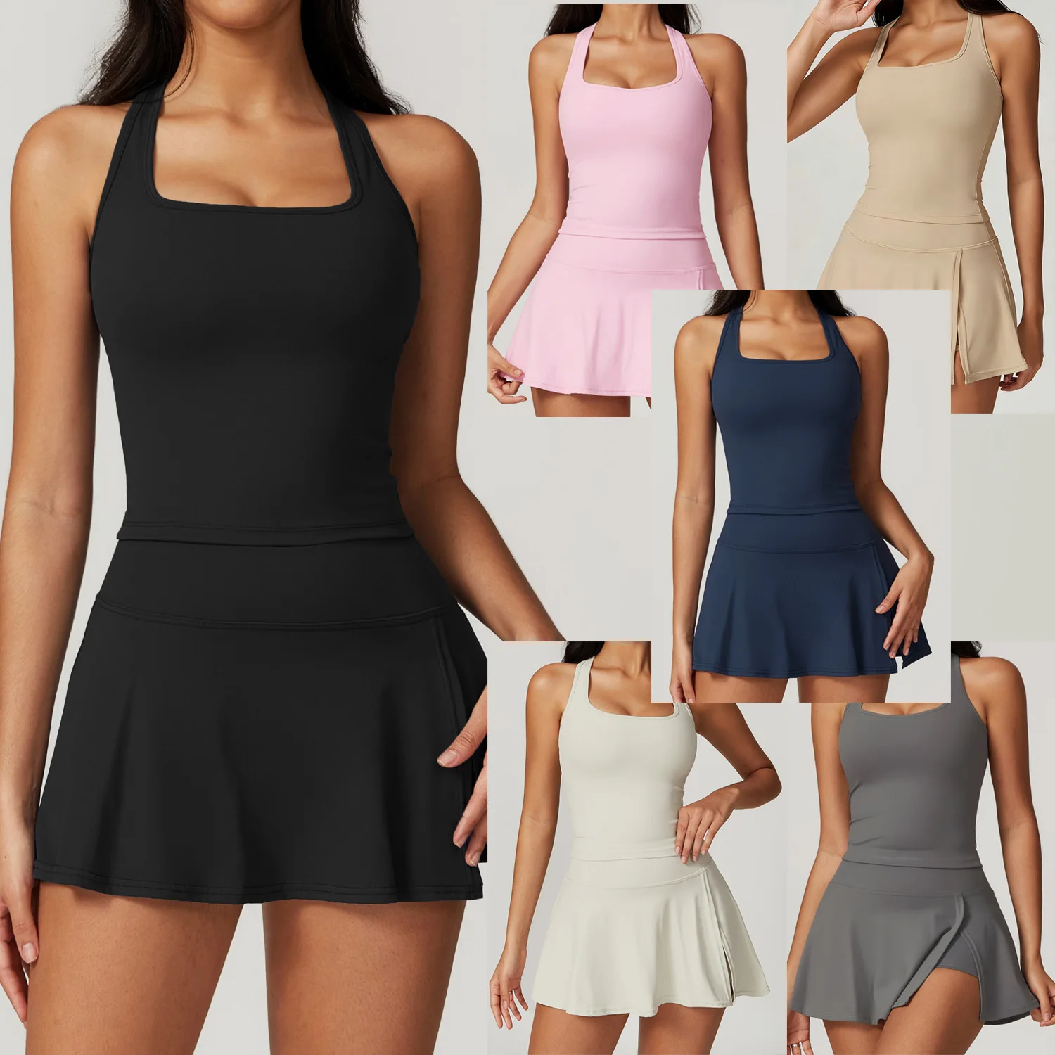 Ensemble 2 pièces pour femmes : Robe de tennis avec mini-jupe fendue sur le côté et débardeur court dos nageur pour l'entraînement et le golf