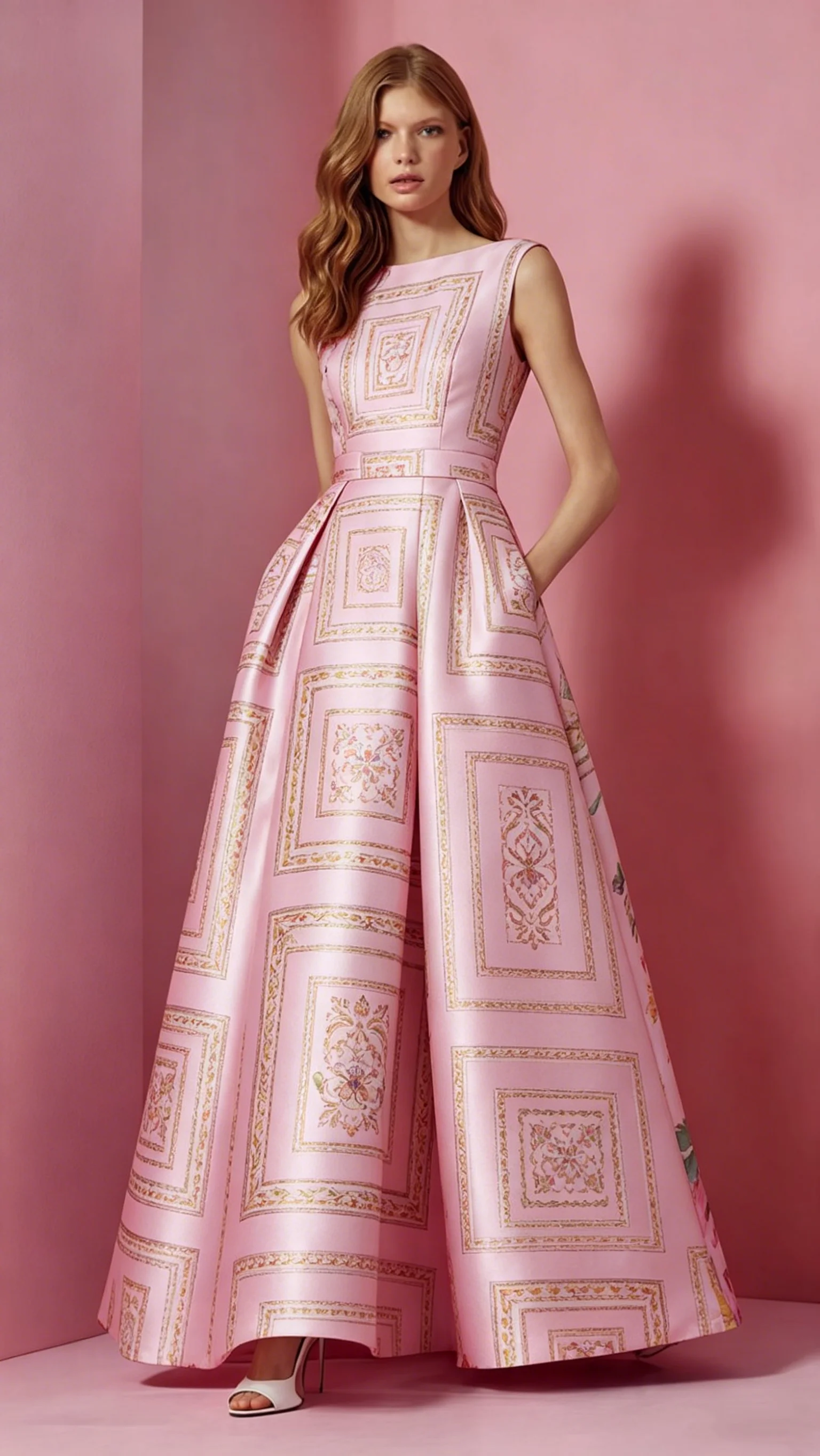 

Women's Summer Vintage Frame Print Maxi Dress High Waist Sleeveless Pleated A Line Dress Elegant Wedding Guest Evening Outfit