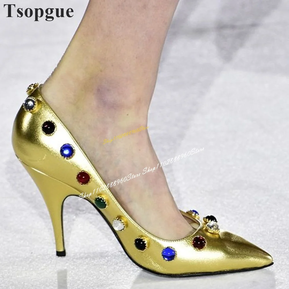 

Catwalk Gold Metallic Crystal Decoration Pumps Spike Heel Shoes For Women Slip On Pointed Toe 2024 Fashion Zapatos Para Mujere