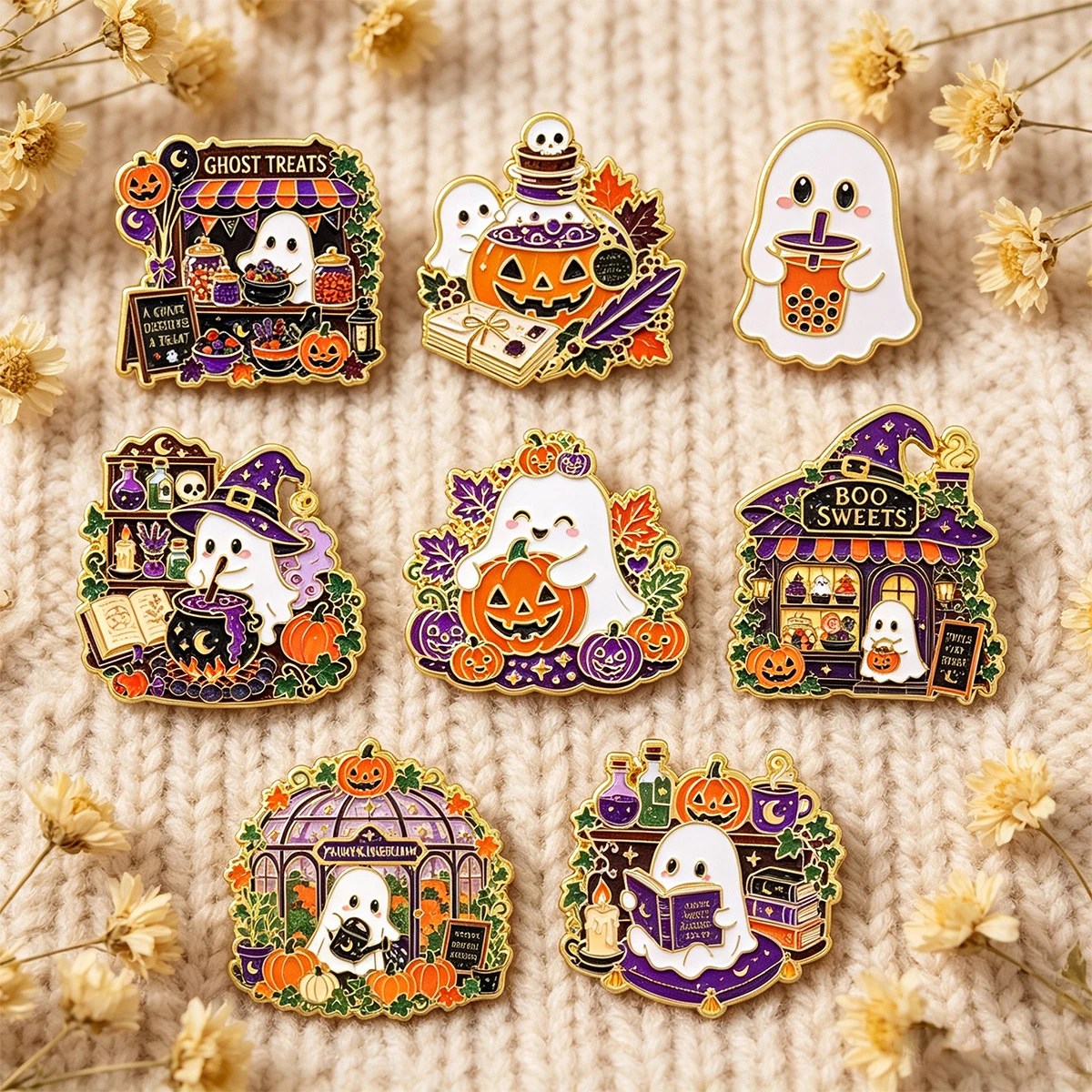 8pcs Halloween Ghost Pumpkin Enamel Pins Set Cute Lapel Brooches Badges for Backpack Jacket Holiday Decor Gift