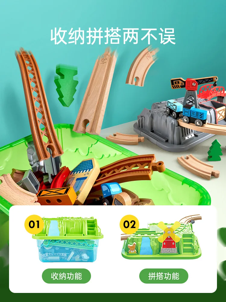 Wooden train track town transportation and storage set