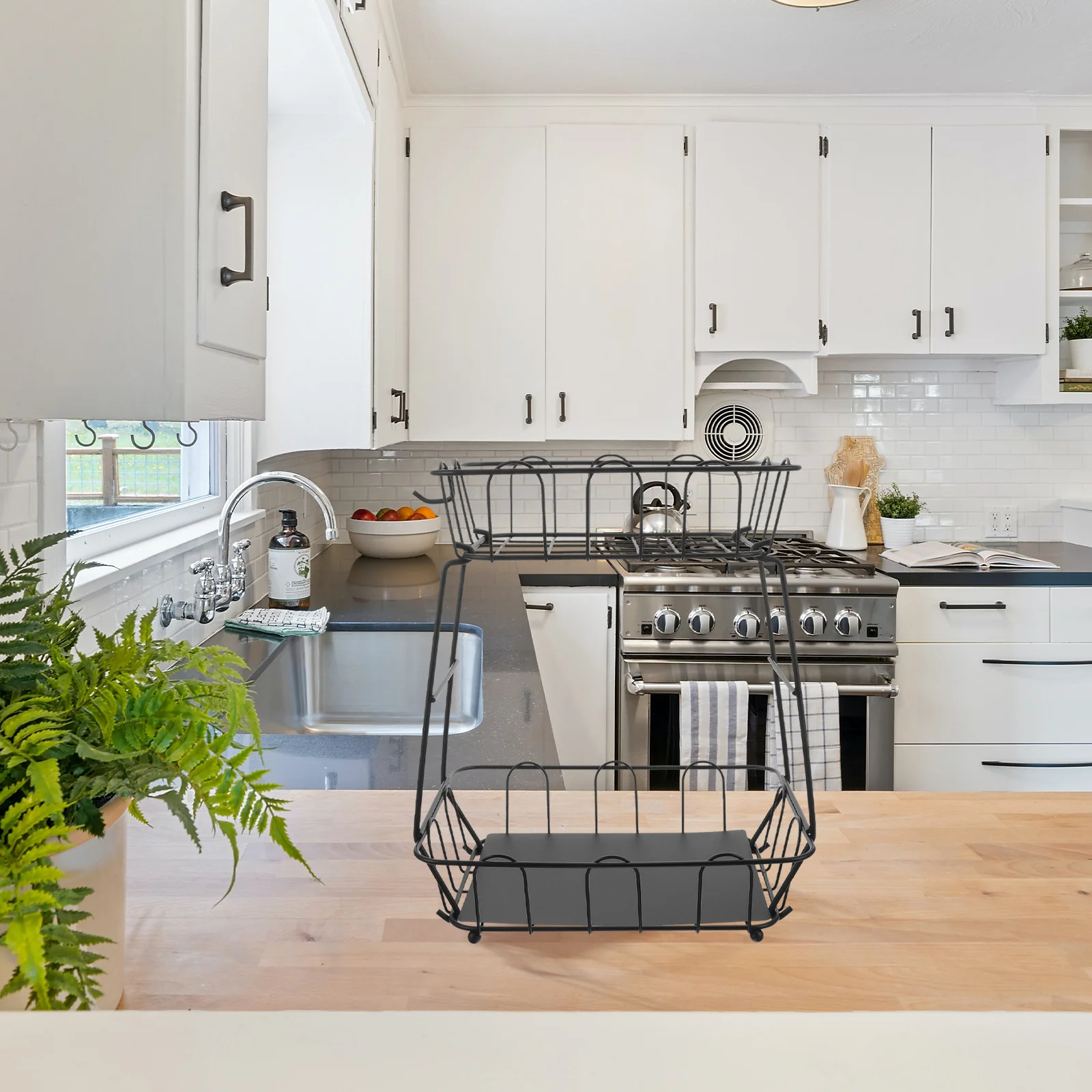 

2 Tier Storage Basket Double-Layer Vegetable Rack Kitchen Countertop Organizer Fruit Stand Wire Plate Black Iron Detachable