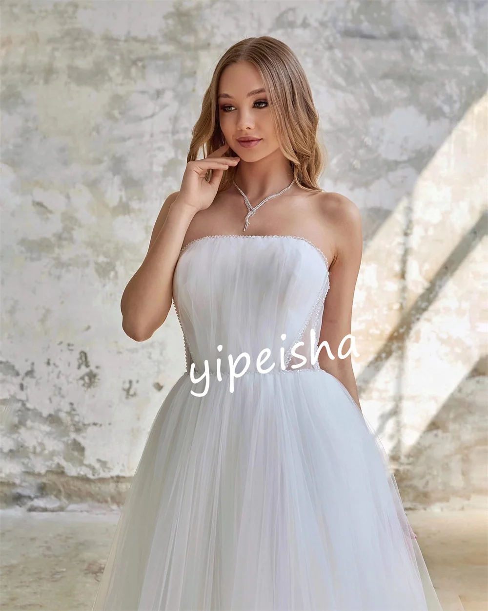 Robe trapèze sans bretelles en tulle, robes mi-longues, zone de plissage, sur mesure, occasion