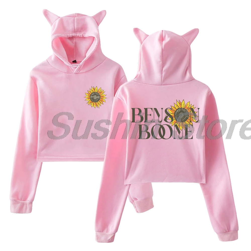 Benson Boone Sunflowers Pullover 2024 Tour Female Cat Ears Hoodie Long Sleeve Crop Top Women's Clothes