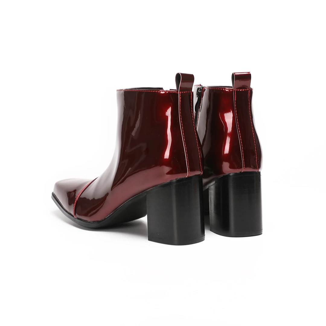 Male Red Genuine Leather High Heel Ankle Boots men Zipper square Toe Block Heel Night Club Party short boot Plus Size dress Shoe view 4