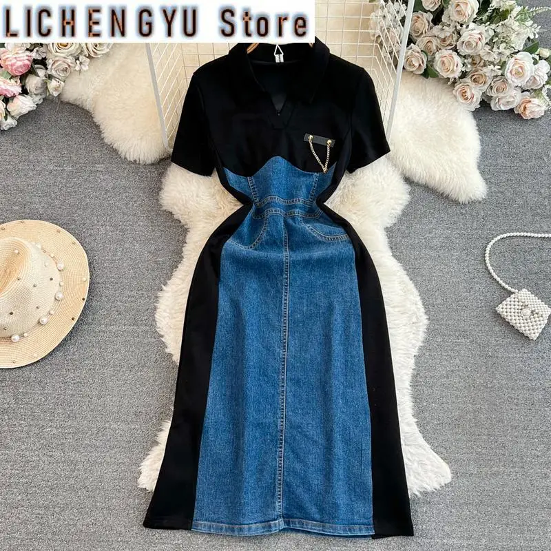 

Fashion Elegant Women's Dress Fake Two Piece Short-sleeve V-neck Denim Patchwork Dresses Autumn Winter