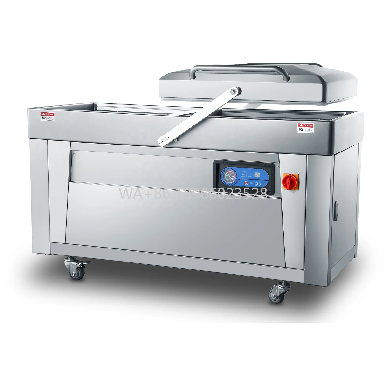 Промышленная двухкамерная упаковочная машина для вакуумной упаковки пищевых мяса, электрический пластик, автоматический 4-уплотнительный стержень