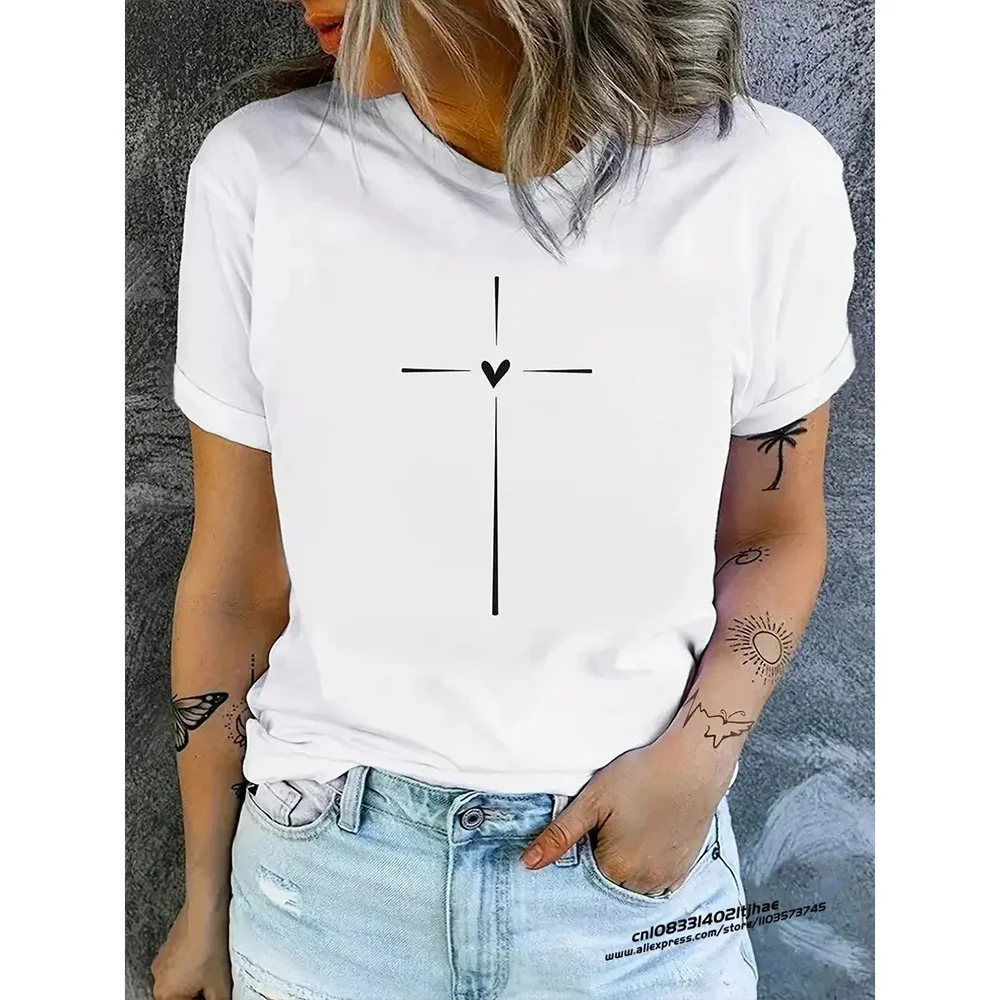 2024 Women's New Crew-Neck Printed Cross Pattern Short-Sleeved T-Shirt Summer Casual Oversized Women's Top Top T-Shirt Y2K Style