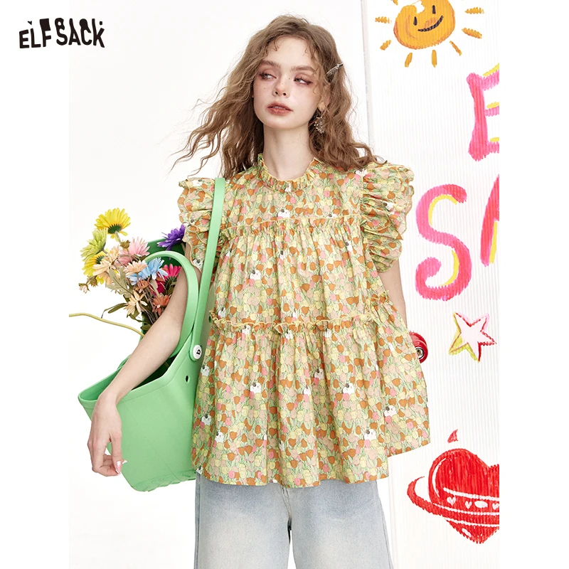 

ELFSACK Милая блузка с цветочным принтом и рюшами, свободный топ с многоярусными рукавами с рюшами, повседневная стильная блузка для женщин