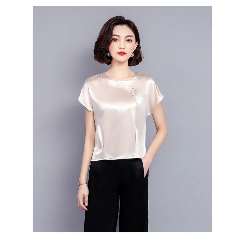 Workplace commuter fan new heavy solid color silk shirt T-shirt women