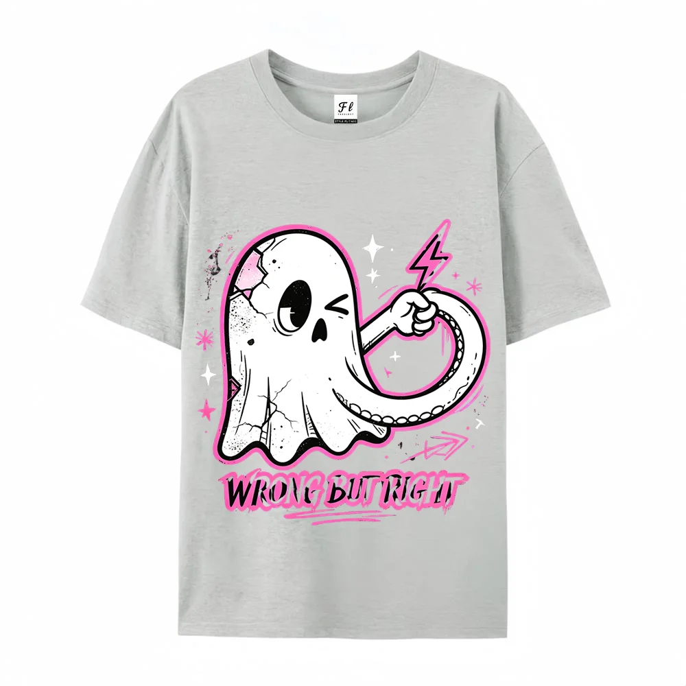 Women T Shirt Cute Ghost Lightning Graphic Letter Print Y2K Vintage Oversized Streetwear Cotton Short Sleeve Casual Top