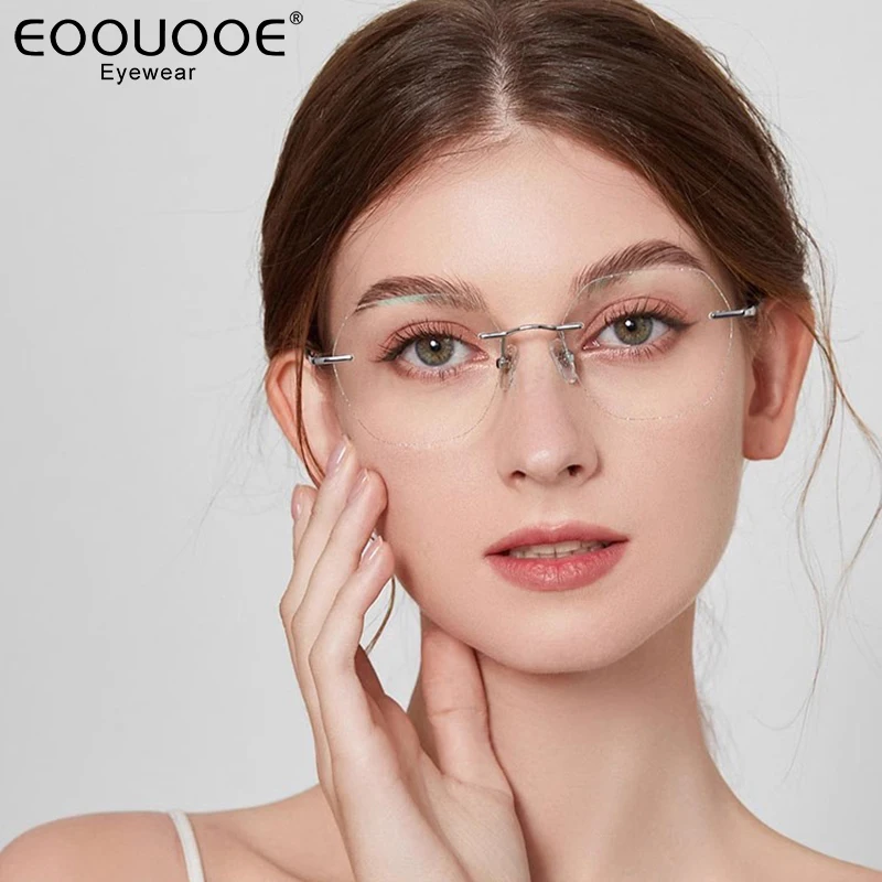 52mm Women Titanium Glasses Sequin Design Polygon Eyeglasses Frame Prescription Myopia Rimless Glasses 6g