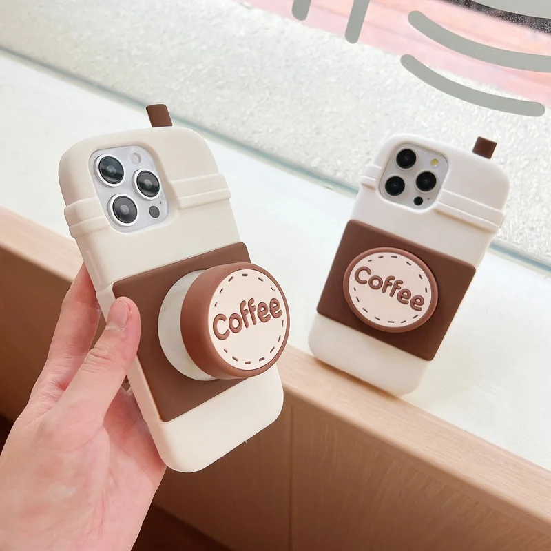 Fashion 3D Coffee Bracket Soft Silicone Phone Case for iPhone 18 17 16 15 14 13 12 Pro Max With Stand Holder Shockproof Cover