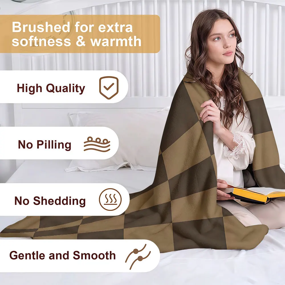Brown Two Tone Checker Soft Warm Flannel Blanket Lightweight Cozy Christmas Halloween Home Decor Room
