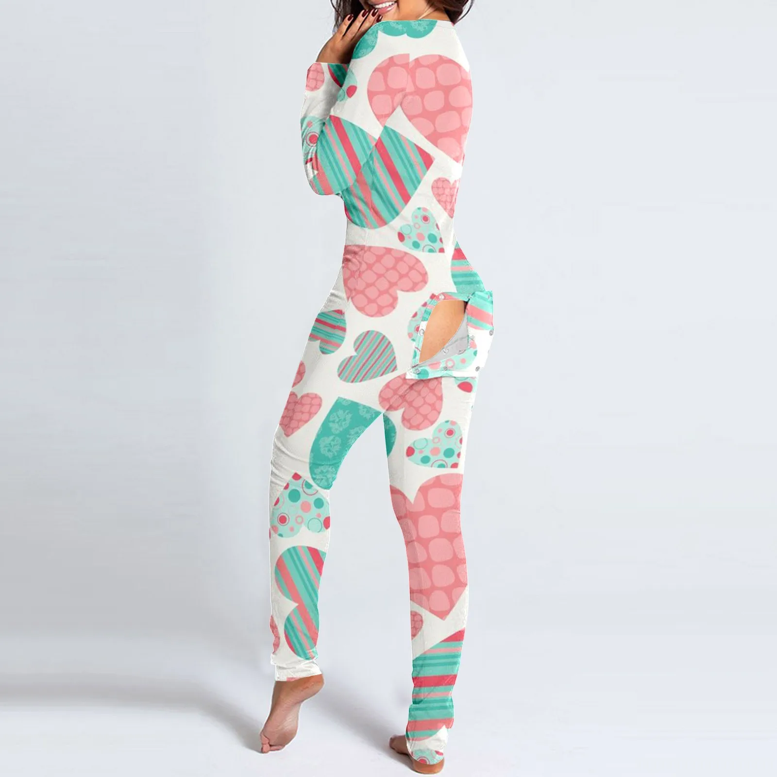 Womens Buttoned Flap Functional Onesies Pyjamas Button Down Jumpsuit Love Print Functional Buttoned Flap Adult Onesie Jumpsuits