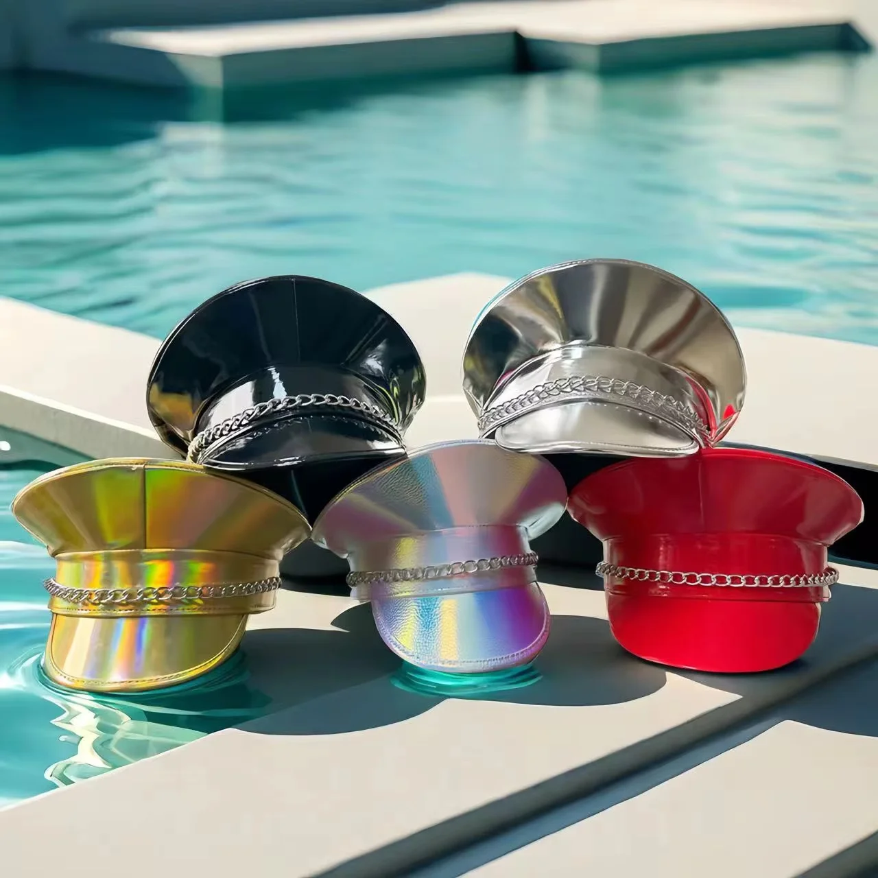 

HongLuan Silvery Gothic Steampunk Gothic Captain Hat Burning Man Festival, Military Cap for Man & Faux Leather Hats for Woman