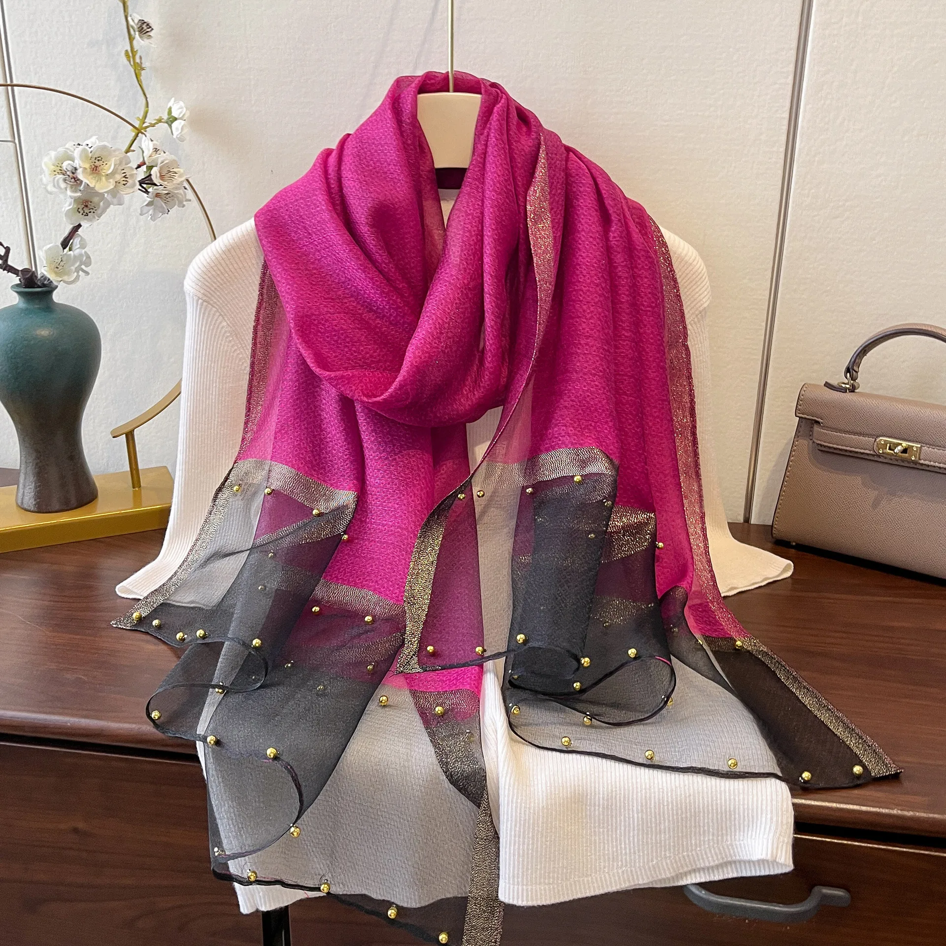 

Новый однотонный жемчужный шелковый шарф, женский весенне-летний легкий большой шаль, длинный шарф с запахом, трансграничный шарф, полиэфирная ткань