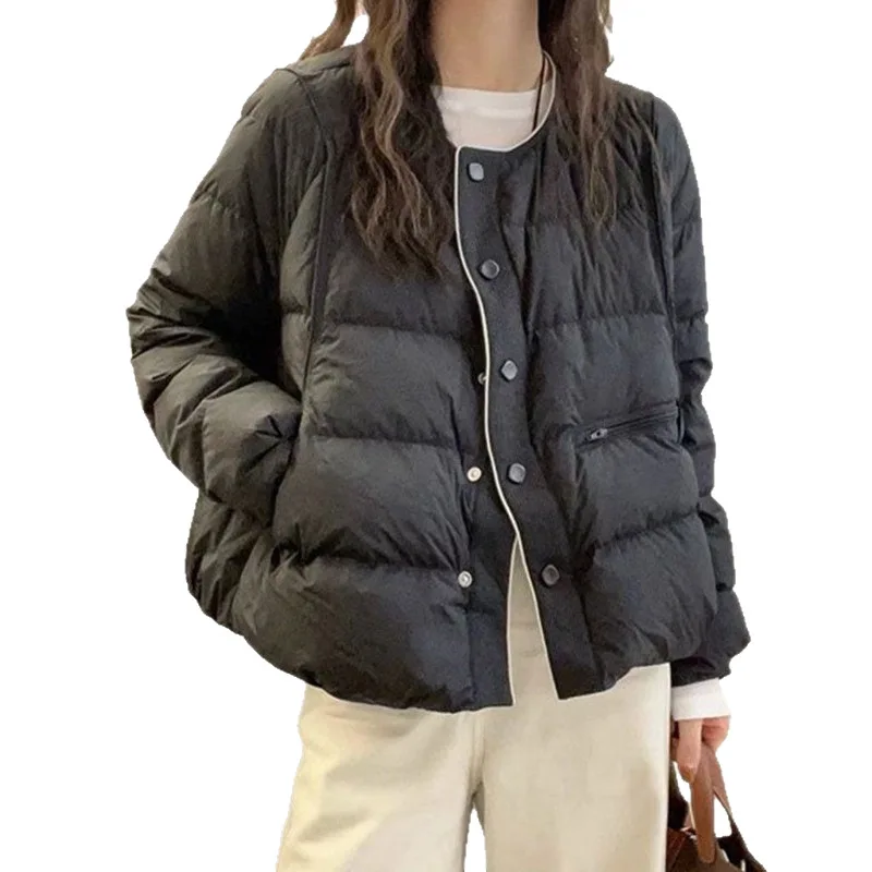 2025年冬 ホワイトダックダウン ダウンジャケット レディース シングルブレスト おしゃれ 欧米風 ルーズ ラウンドネック ブレッドジャケット