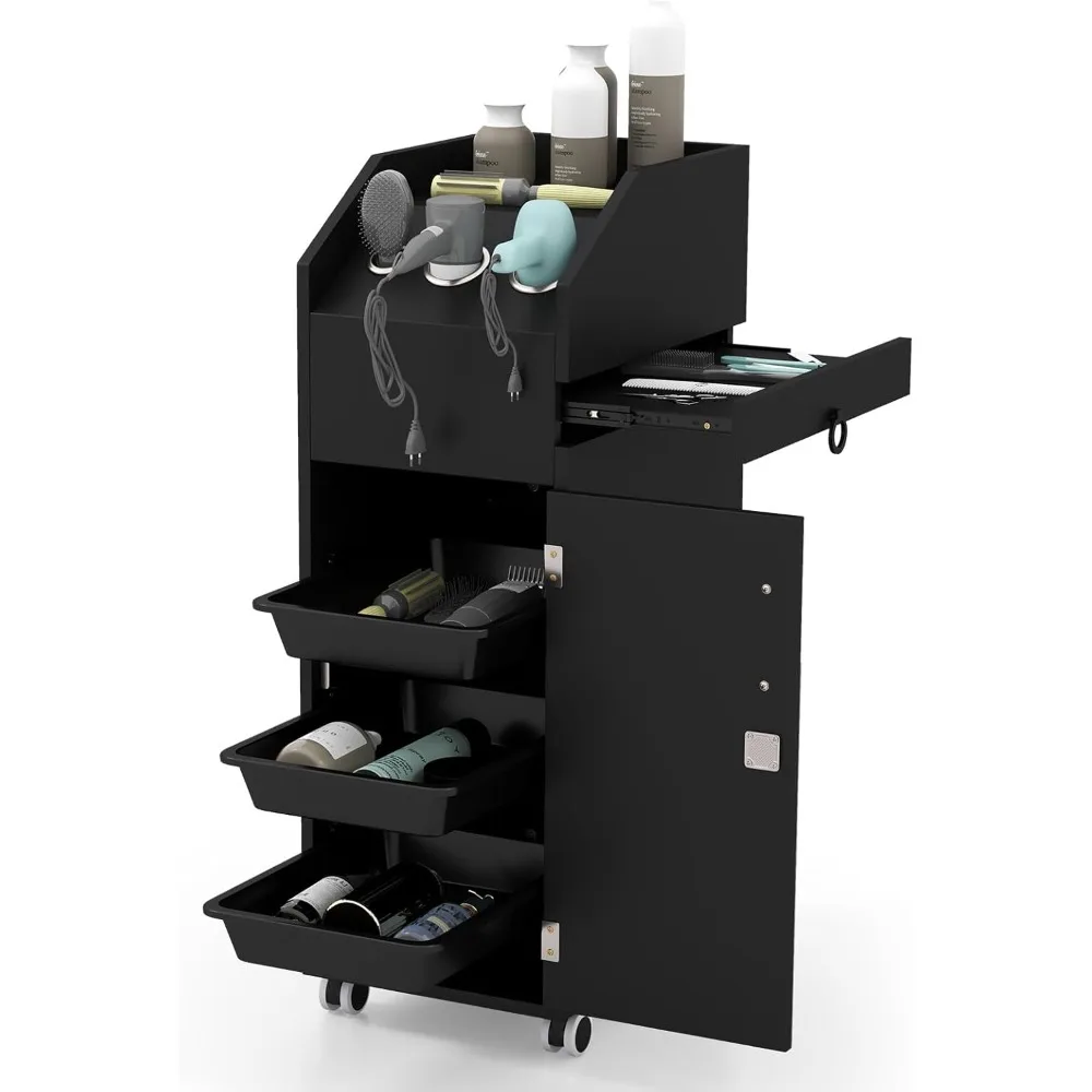 Salon Trolley Cart, Spa Beauty Cart with Wheels, 3 Drawers, Side Tray, 3 Hair Dryer Holders & 2 Keys, for Salon Station