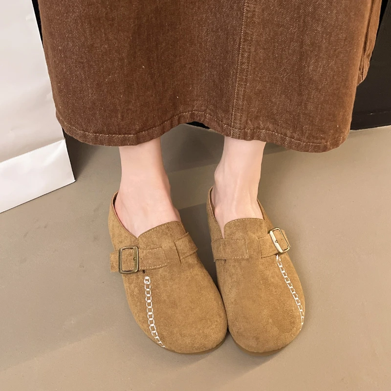 2025 New Genuine Kid Suede Low Heels  Covered Toe Natural Leather Casual Slippers Female Daily Walk