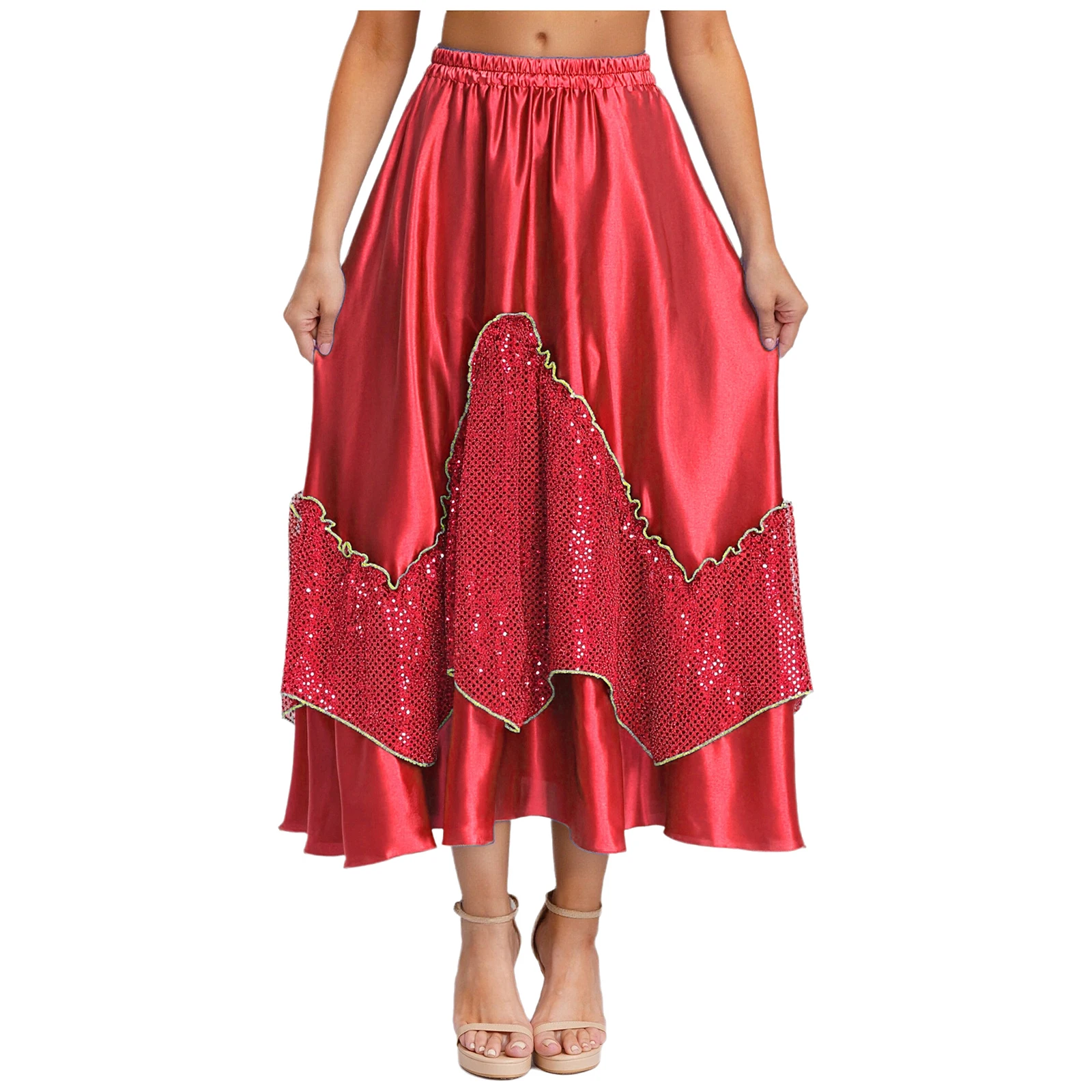 Jupe Flamenco élégante pour femmes, jupe en maille satinée à paillettes scintillantes, parfaite pour les spectacles de danse espagnole et les événements de salle de bal