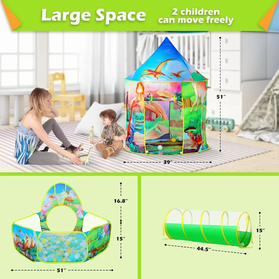 3-teiliges Dinosaurier-Zelt für Mädchen mit Bällebad-Spielzelten und Krabbel-Tunnel für Kleinkinder, rosa Pop-Up-Spielhaus-Spielzeug für Babys und Indooran