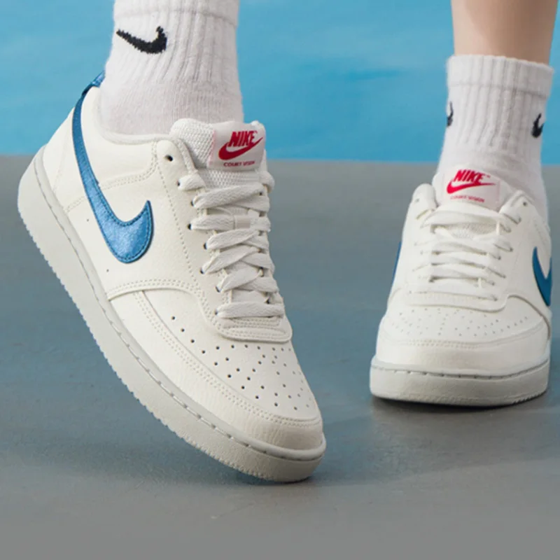 W NIKE COURT VISION LO  IM7799-133 Authentic Women's Court Vision Low Sneakers IM7799-133, White Blue Leather Casual Skate Shoes