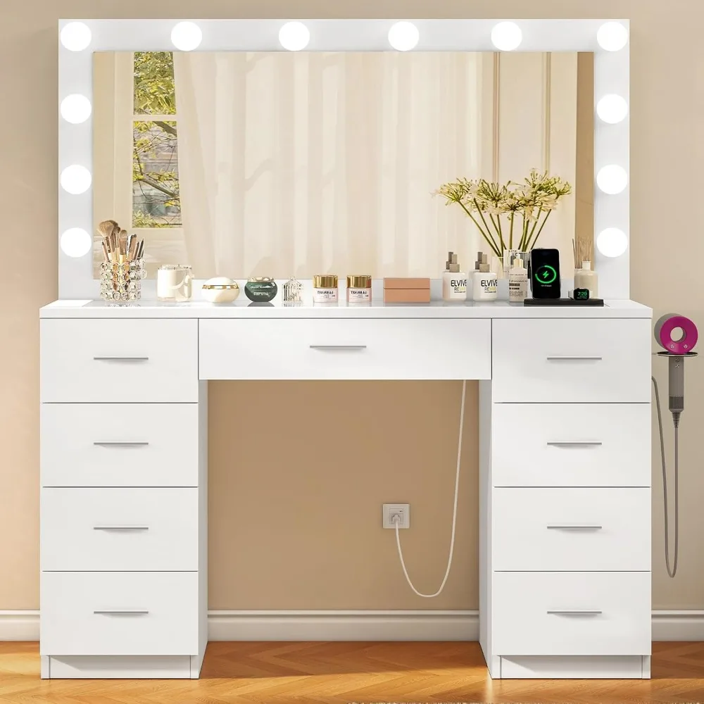 

Vanity Desk with Large Lighted Mirror and Power Outlet, 46" Makeup Vanity with 9 Drawers and Glass Desktop, Vanity Table