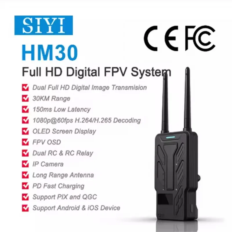 Siyi hm30 full hd digital vídeo link sistema de rádio transmissor controle remoto tela sensível ao toque oled 1080p 60fps 150ms fpv osd 30km