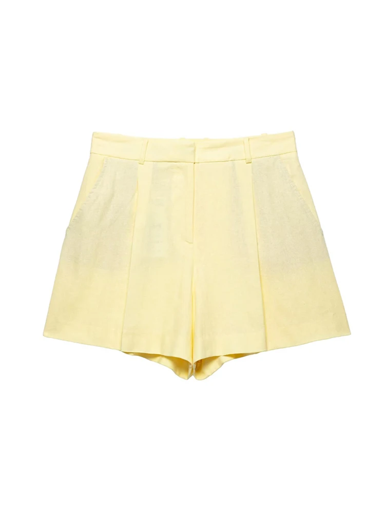 Moda feminina botão frontal mistura de linho colete e bermuda de cintura alta conjunto roupa feminina