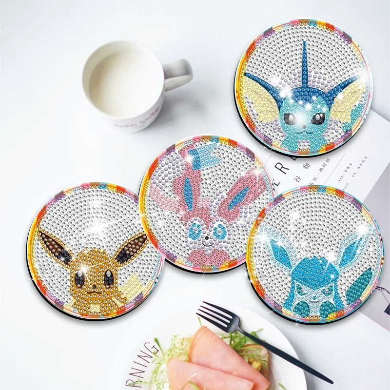 8Pcs Pokemon Diamond Painting Coasters DIY Cartoon Diamond Art Mosaic Drink Cup Pad Table Placemat with Holder Craft Decor Gift