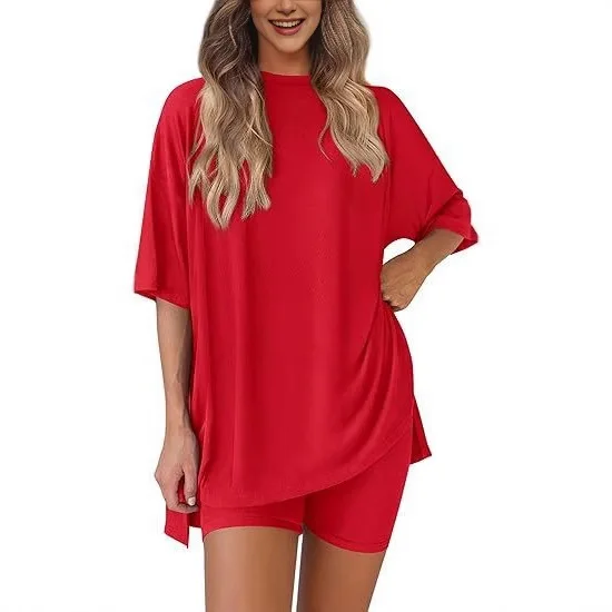 2026 Women's Oversized Two Piece Outfit Summer Casual Loose T Shirt And Biker Shorts Set Loungewear image 3