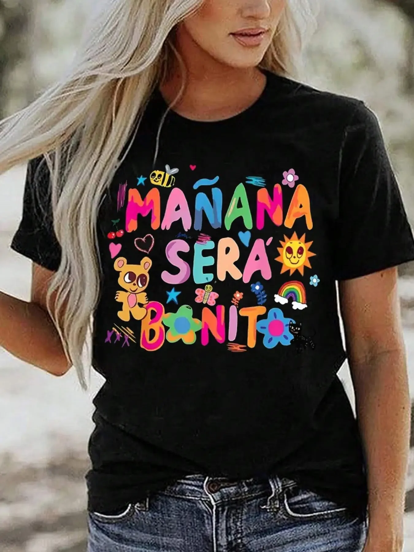 

Women's Cartoon Bear & Letter Print Round Neck Tops Casual Short Sleeve T-shirt Fall Outfits 2025 Womenswear Graphic Shirts