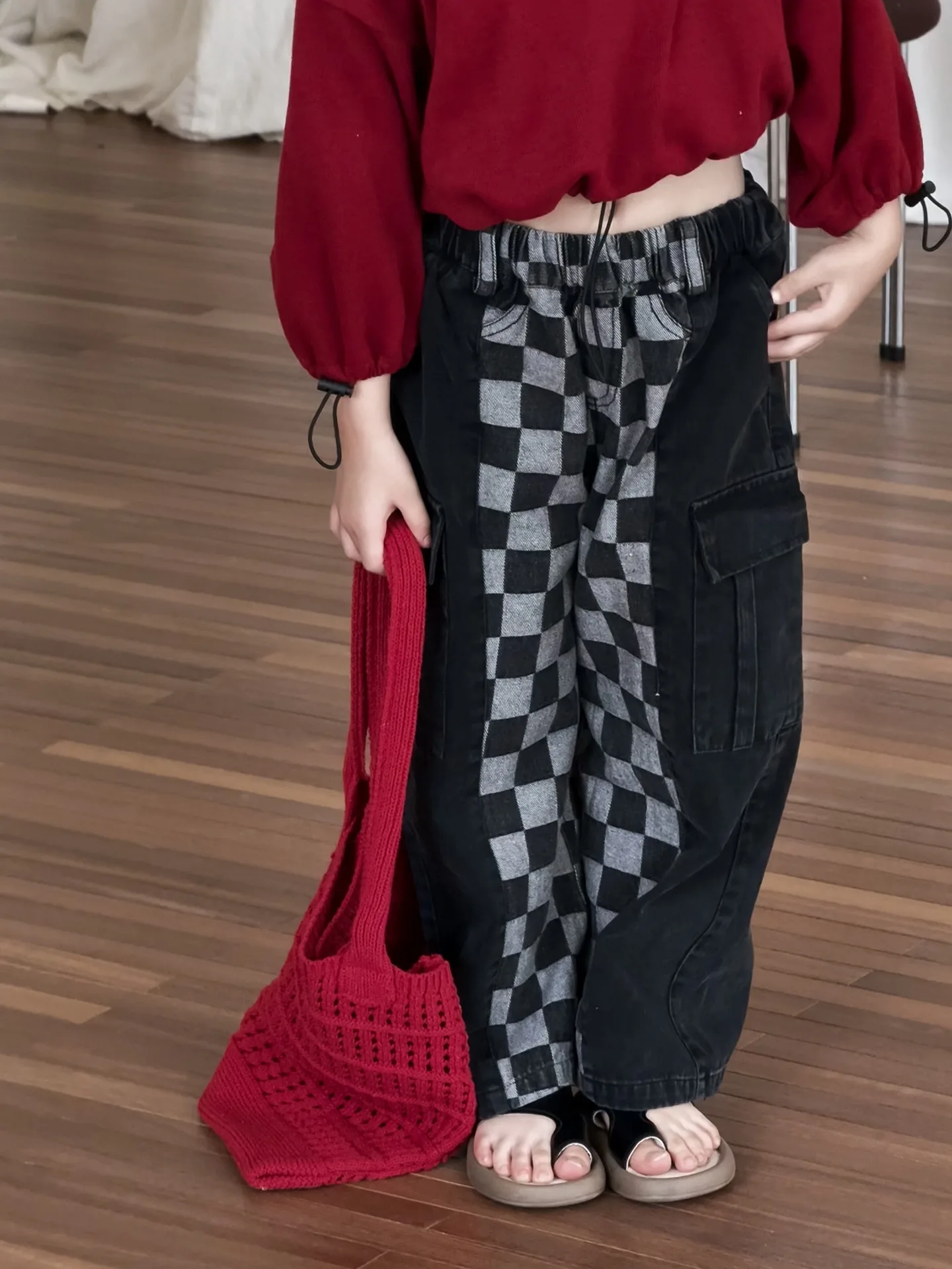 

Autumn 2025 Boys' And Girls' Plaid Colour-Blocking Jeans Casual Children's Denim Cargo Trousers