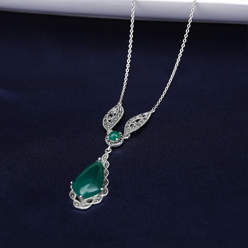 YYSuniee  925 Sterling Silver Vintage Black Green Water Drop Agate Gemstone Necklace Silver Jewelry