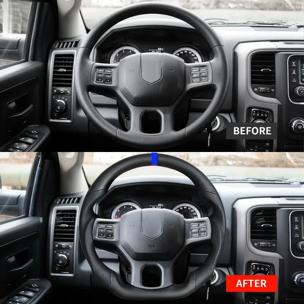 Full Leather Sport Steering Wheel Compatible with Dodge Ram 1500 2012-2018, Top & Bottom Smooth Leather, Side Perforated Leather