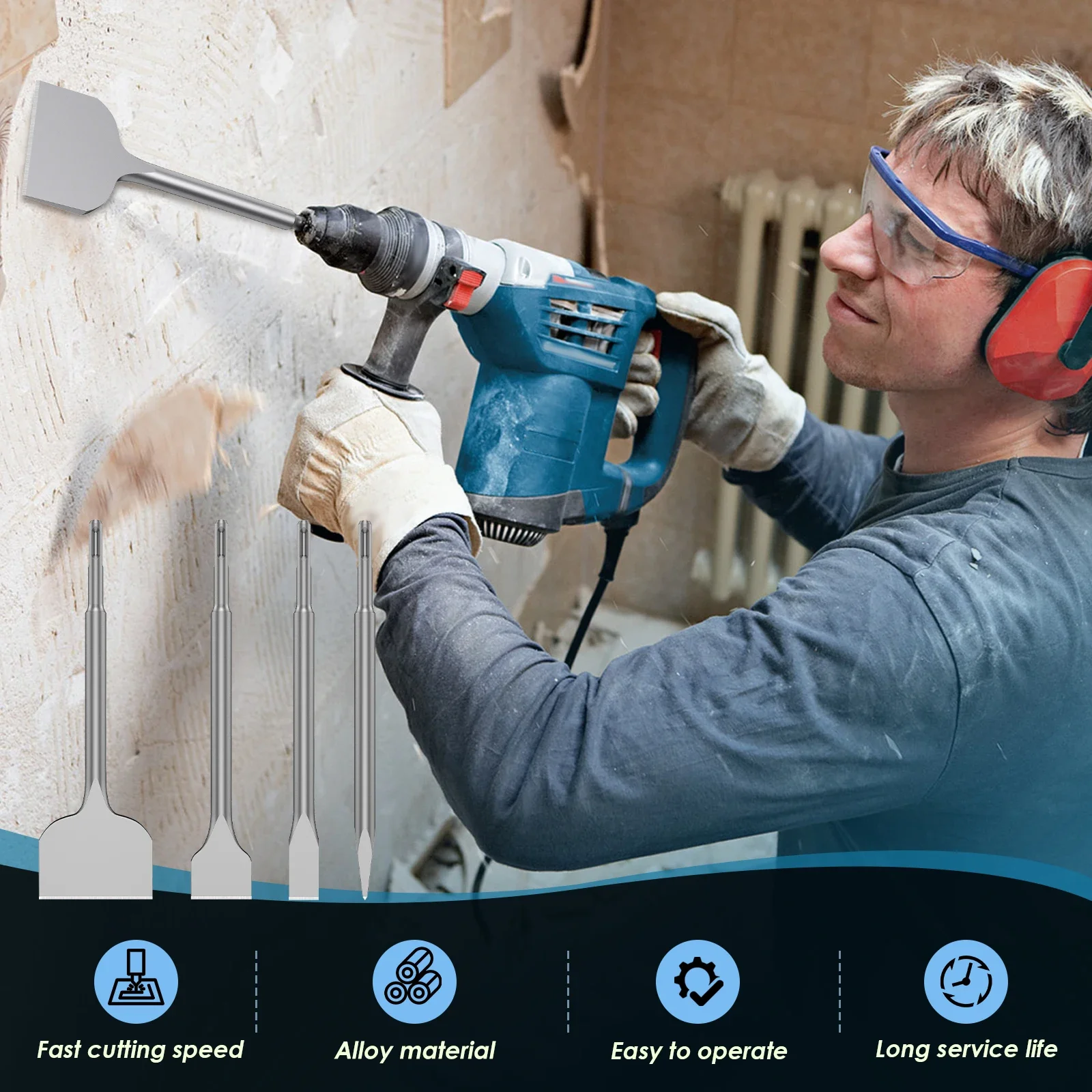 SDS 플러스 로터리 해머 마모 방지 타일 제거 치즐 비트 정밀 해머 드릴링 치즐 비트 용 4Pcs 합금 치즐 비트 세트