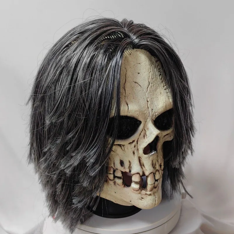 Scary Skull Mask with Hair for Men Women Halloween Creepy Realistic Skeleton Mask Dress Up Cosplay Costume Horror Party Props